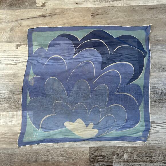 Handpainted Silk Scarf Blue Abstract Cloud Print Square Signed Una Vintage - Picture 2 of 7